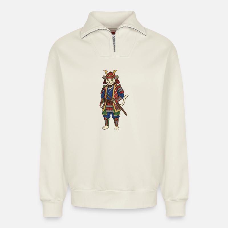 cat samurai - Relaxed Unisex Organic Half Zip Sweatshirt – by SPREAD - off white