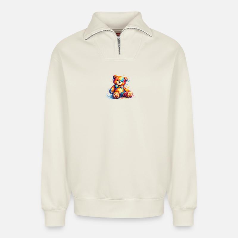 Farbenfroher geometrischer Bär - Relaxed Unisex Organic Half Zip Sweatshirt – von SPREAD - Naturweiß