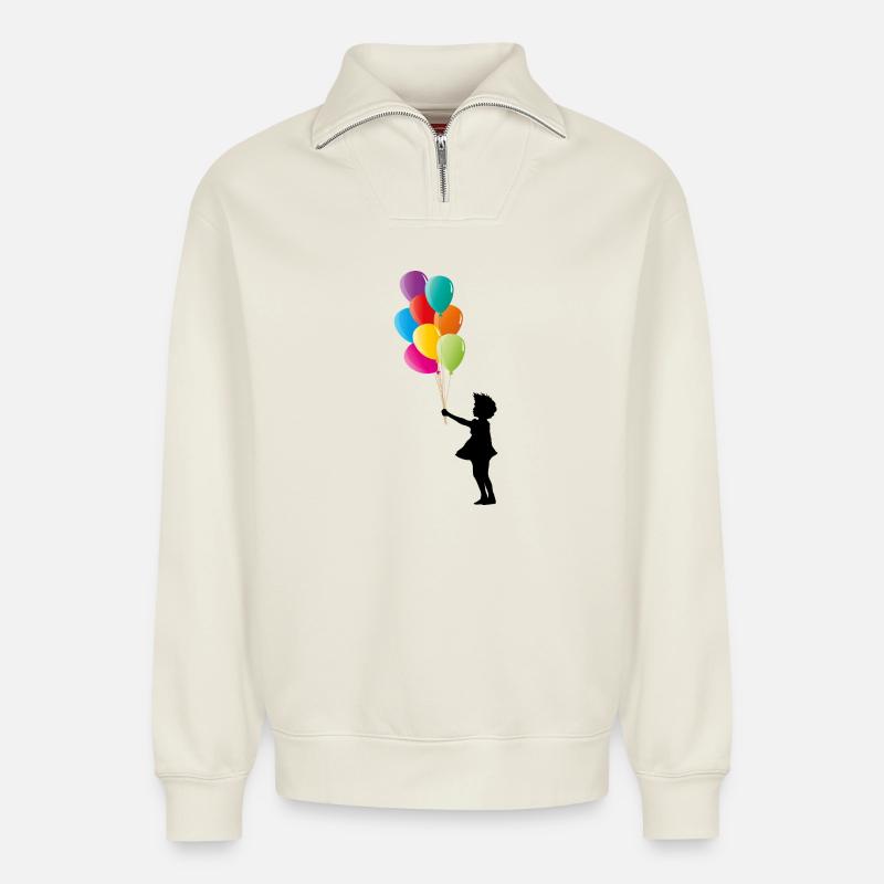 Mädchen mit bunten Luftballons - Relaxed Unisex Organic Half Zip Sweatshirt – von SPREAD - Naturweiß