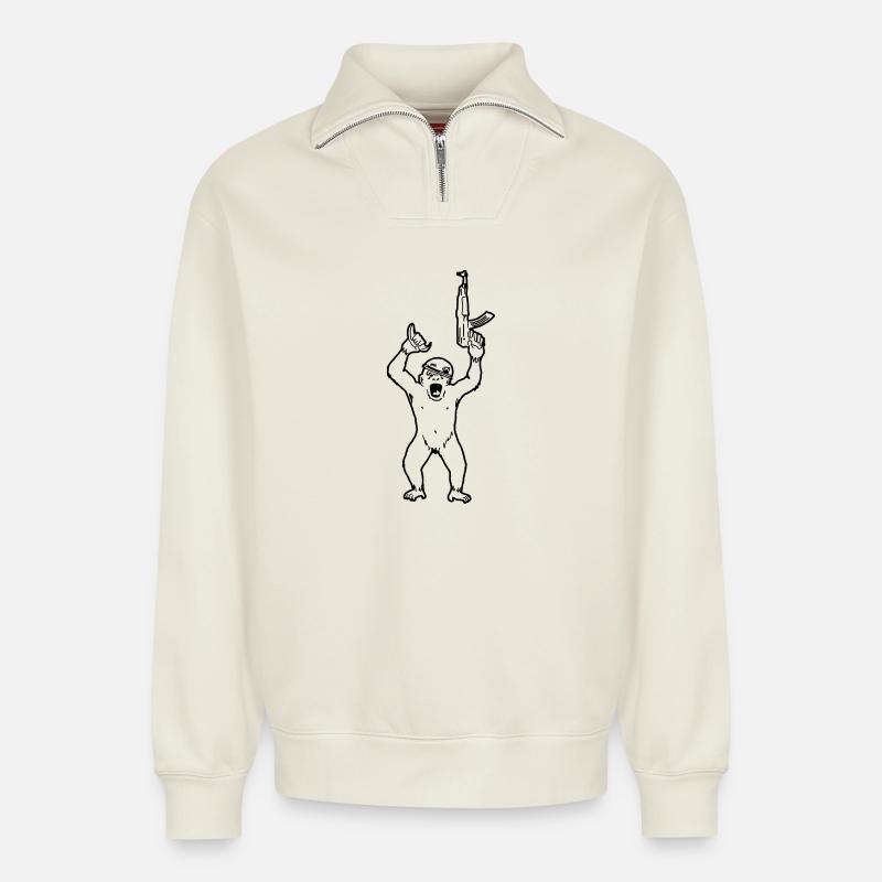 Schimpansen-Maschinengewehr - Relaxed Unisex Organic Half Zip Sweatshirt – von SPREAD - Naturweiß