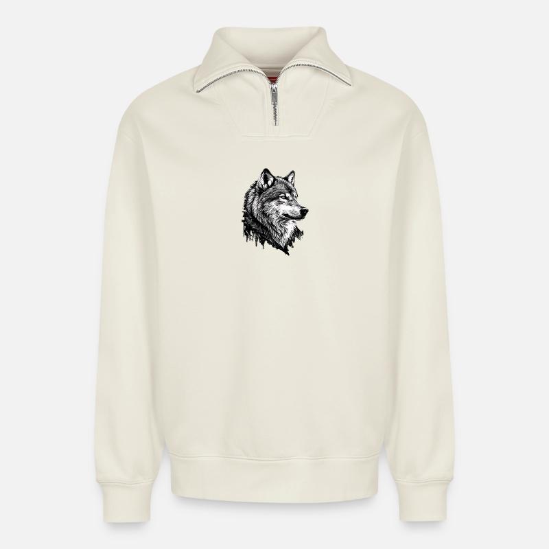 Monochromer Wolf Linienkunst - Relaxed Unisex Organic Half Zip Sweatshirt – von SPREAD - Naturweiß