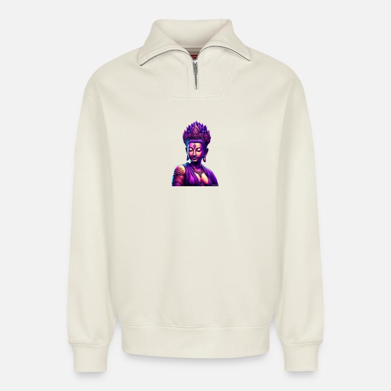 Neon-Buddha mit Lotuskrone - Relaxed Unisex Organic Half Zip Sweatshirt – von SPREAD - Naturweiß