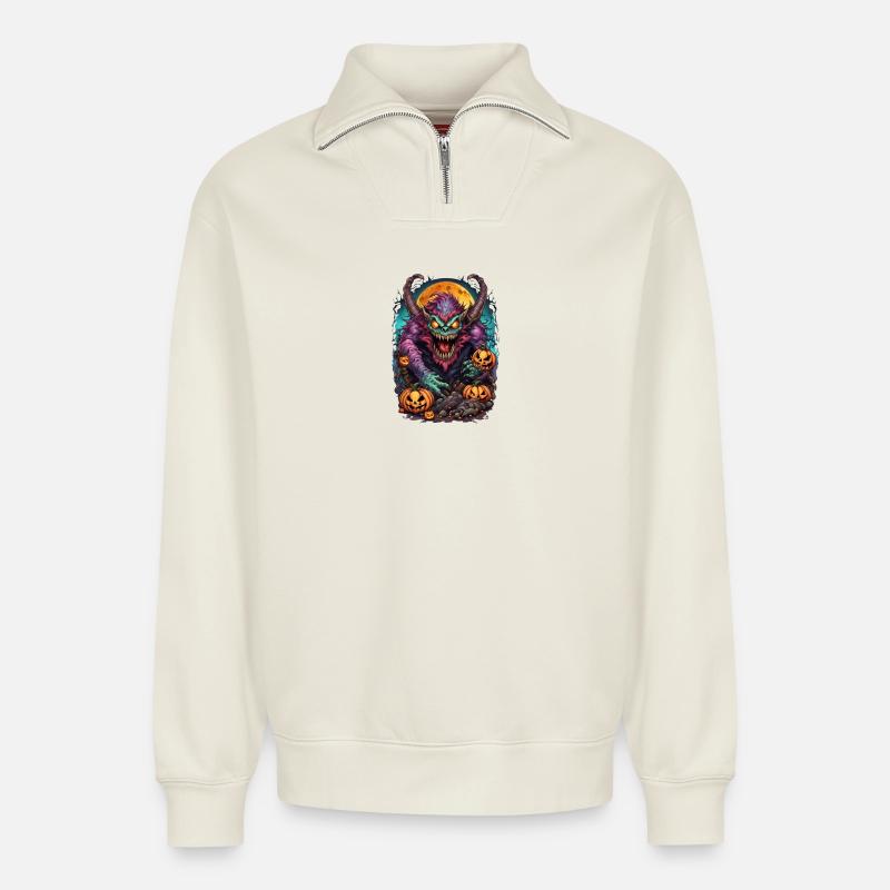 Dämon Halloween  - Relaxed Unisex Organic Half Zip Sweatshirt – von SPREAD - Naturweiß