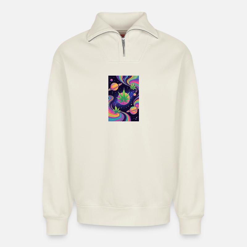 Galactic Cannabis Galaxy - Sweat unisexe décontracté en coton biologique à demi-zip – de SPREAD - blanc cassé