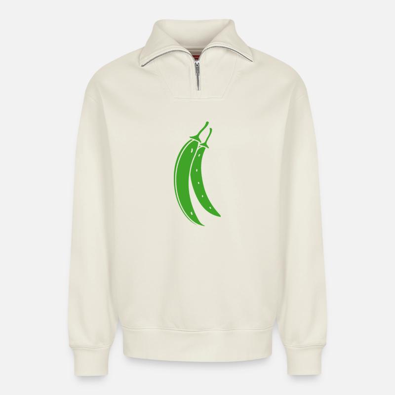 haricot vert - Sweat unisexe décontracté en coton biologique à demi-zip – de SPREAD - blanc cassé