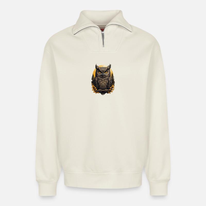Weise Eulen im Herbstwald - Relaxed Unisex Organic Half Zip Sweatshirt – von SPREAD - Naturweiß