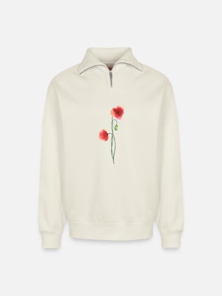 Blume: roter Mohn - Relaxed Unisex Organic Half Zip Sweatshirt – von SPREAD - Naturweiß