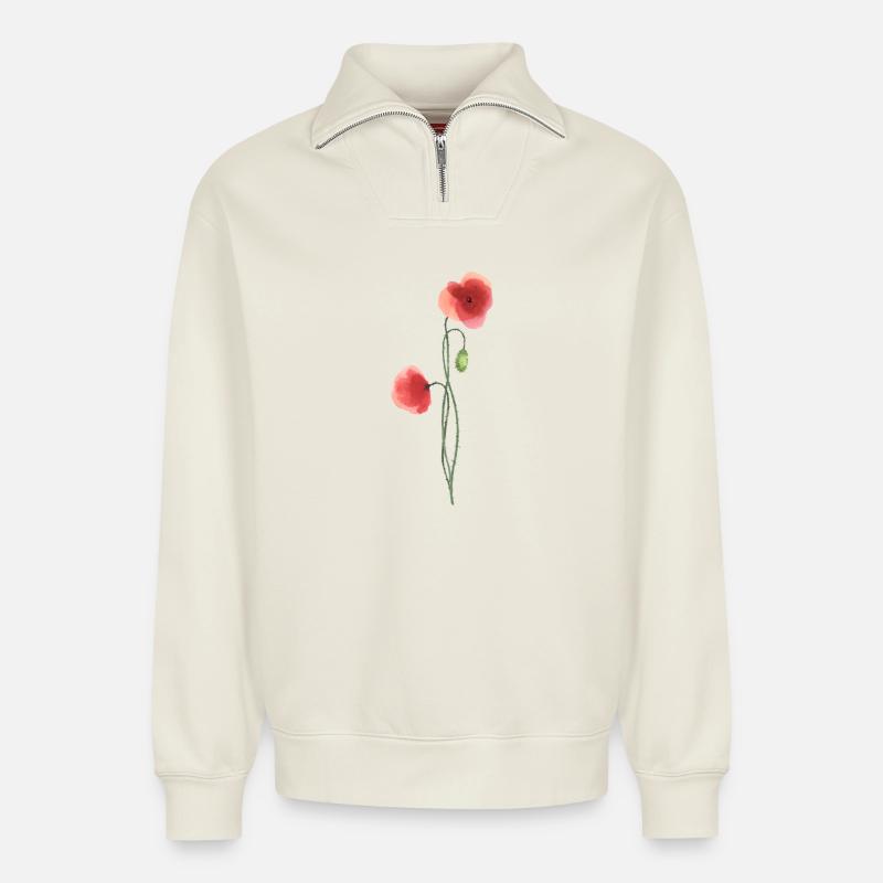 Blume: roter Mohn - Relaxed Unisex Organic Half Zip Sweatshirt – von SPREAD - Naturweiß