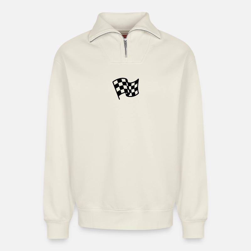 Drapeau damier course automobile - Sweat unisexe décontracté en coton biologique à demi-zip – de SPREAD - blanc cassé