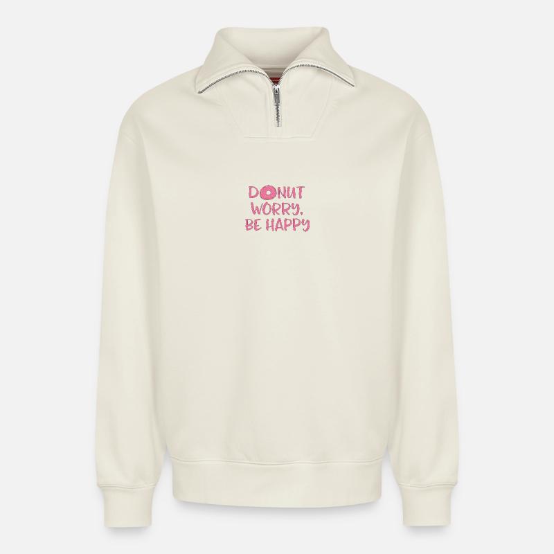 Donut worry - Sweat unisexe décontracté en coton biologique à demi-zip – de SPREAD - blanc cassé