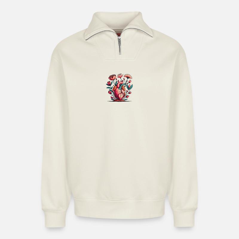 Blumenherz Anatomie Burst - Relaxed Unisex Organic Half Zip Sweatshirt – von SPREAD - Naturweiß