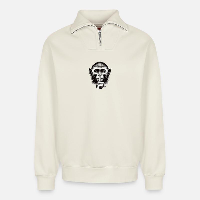 Schweigender Affe - Logo - Relaxed Unisex Organic Half Zip Sweatshirt – von SPREAD - Naturweiß