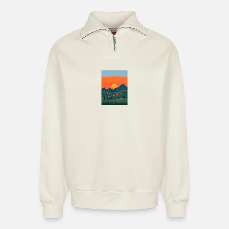 Abendlicher Berglandschafts-Wandel - Relaxed Unisex Organic Half Zip Sweatshirt – von SPREAD - Naturweiß