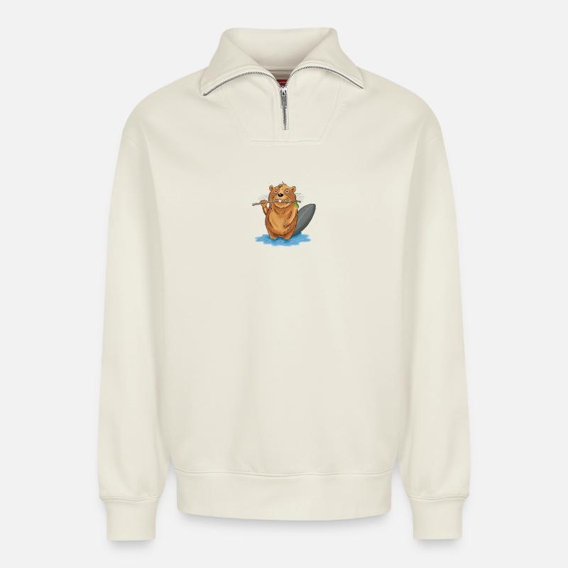 bissiger Biber - Relaxed Unisex Organic Half Zip Sweatshirt – von SPREAD - Naturweiß