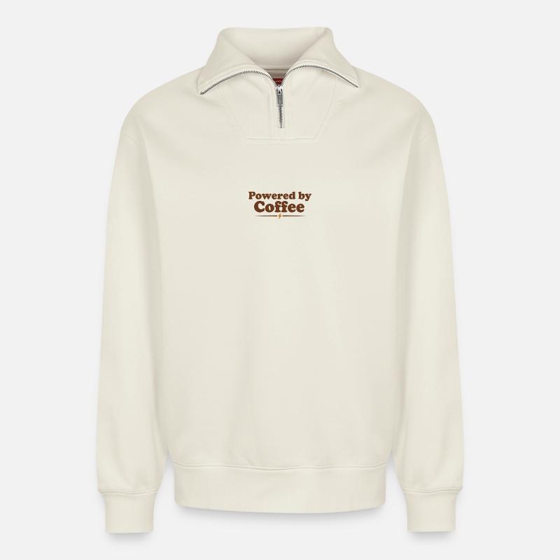 Alimenté par le café - Sweat unisexe décontracté en coton biologique à demi-zip – de SPREAD - blanc cassé