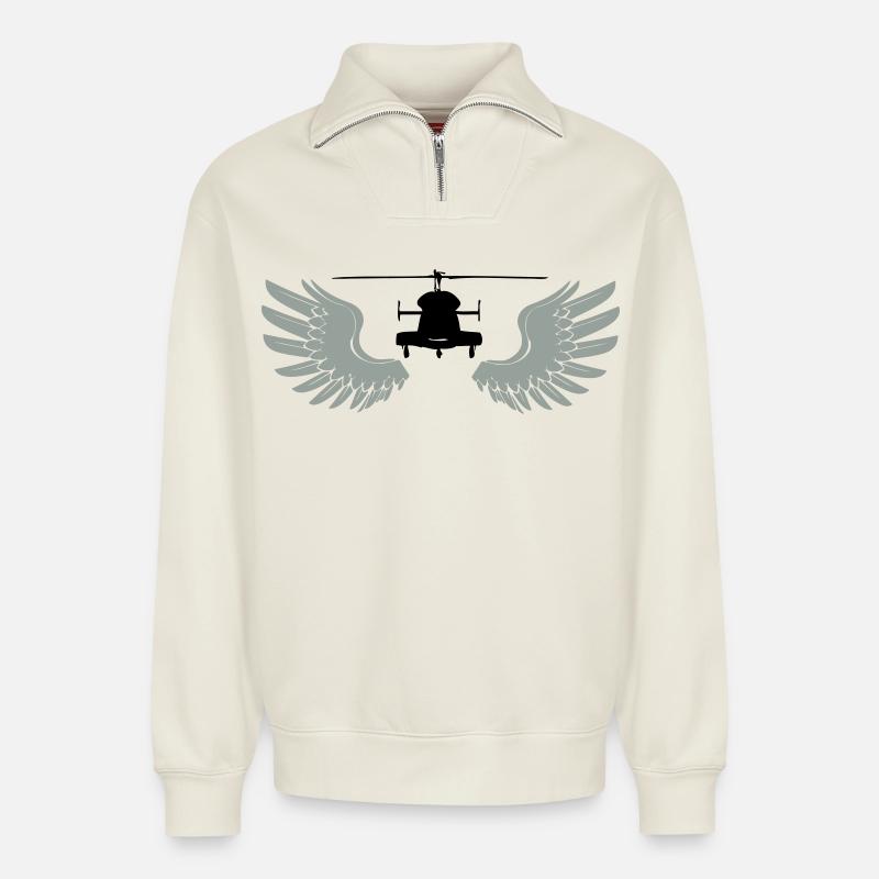 Hélicoptère avec ailes - Sweat unisexe décontracté en coton biologique à demi-zip – de SPREAD - blanc cassé