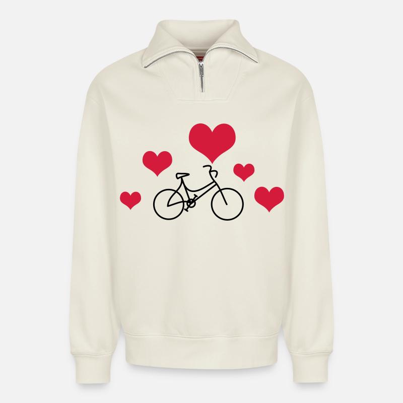 Vélo de dames de cœur - Sweat unisexe décontracté en coton biologique à demi-zip – de SPREAD - blanc cassé