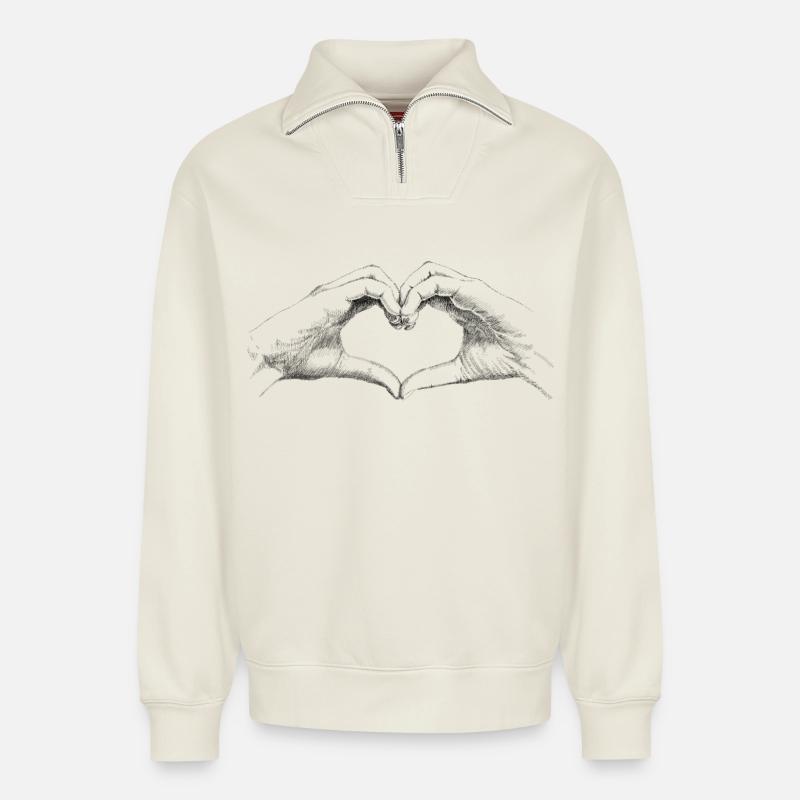 Hände Herz - Relaxed Unisex Organic Half Zip Sweatshirt – von SPREAD - Naturweiß
