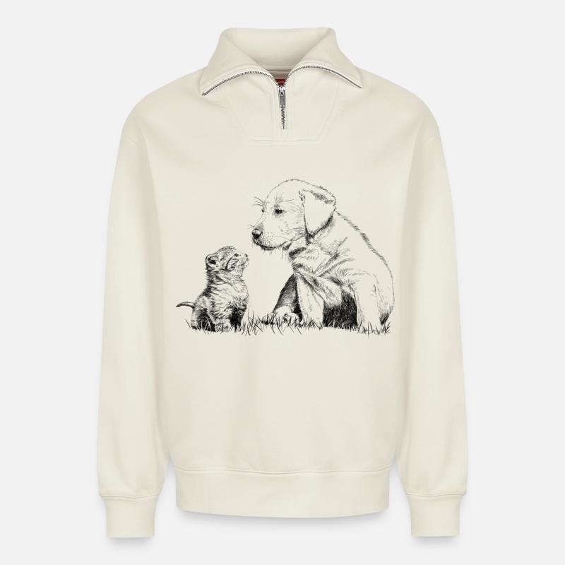 Welpe und Kätzchen - Relaxed Unisex Organic Half Zip Sweatshirt – von SPREAD - Naturweiß