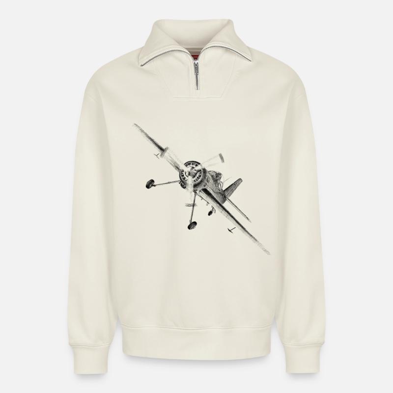 plane - Sweat unisexe décontracté en coton biologique à demi-zip – de SPREAD - blanc cassé