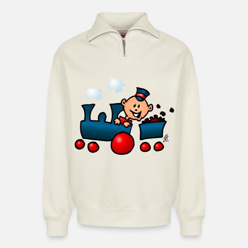 Train - Sweat unisexe décontracté en coton biologique à demi-zip – de SPREAD - blanc cassé