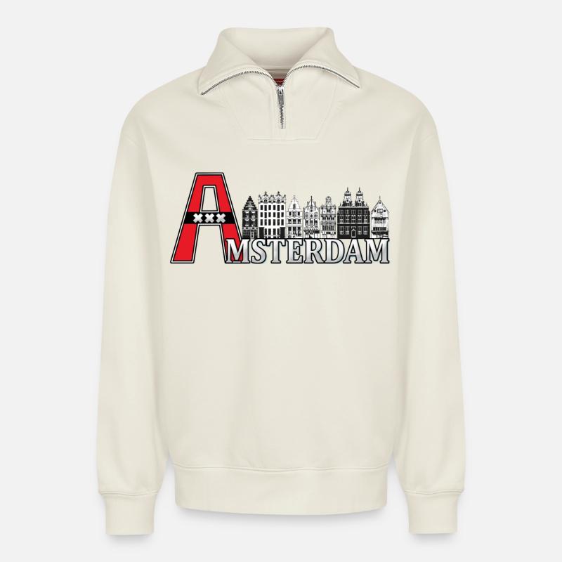 Amsterdam mit einem großen A - Relaxed Unisex Organic Half Zip Sweatshirt – von SPREAD - Naturweiß