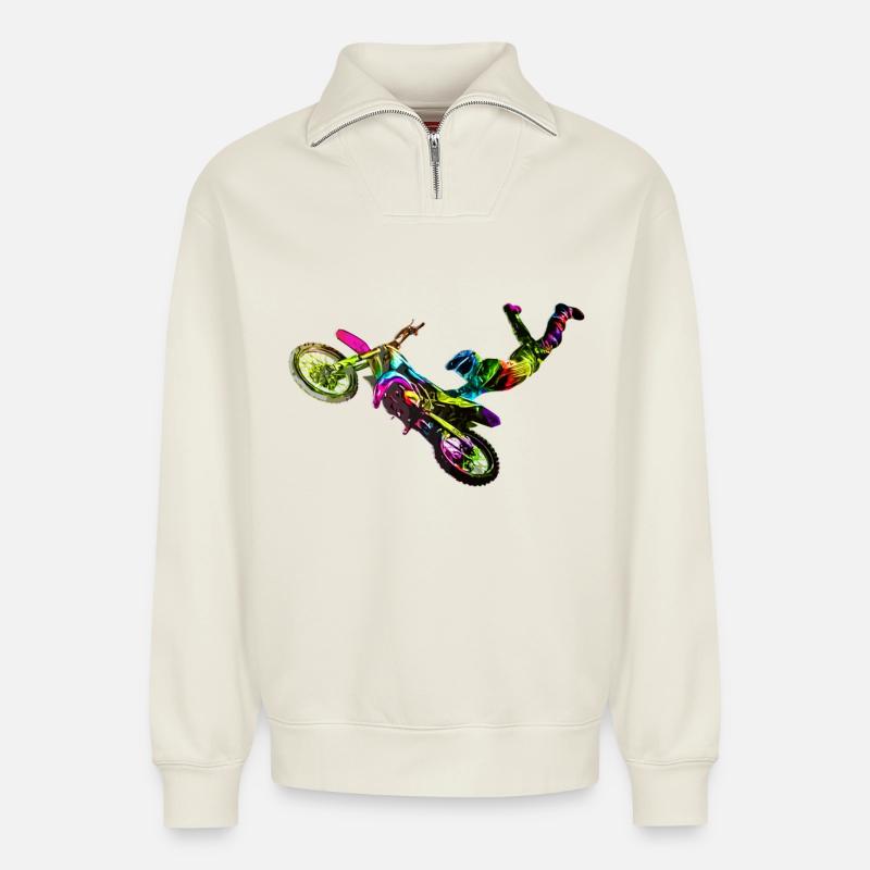 Farbiger Motocrosser - Relaxed Unisex Organic Half Zip Sweatshirt – von SPREAD - Naturweiß