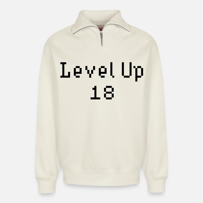 Level Up - 18e anniversaire - Sweat unisexe décontracté en coton biologique à demi-zip – de SPREAD - blanc cassé