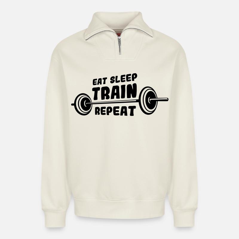 Bodybuilder disant - Sweat unisexe décontracté en coton biologique à demi-zip – de SPREAD - blanc cassé