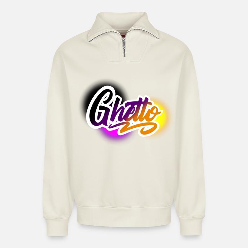 Ghetto - Relaxed Unisex Organic Half Zip Sweatshirt – von SPREAD - Naturweiß