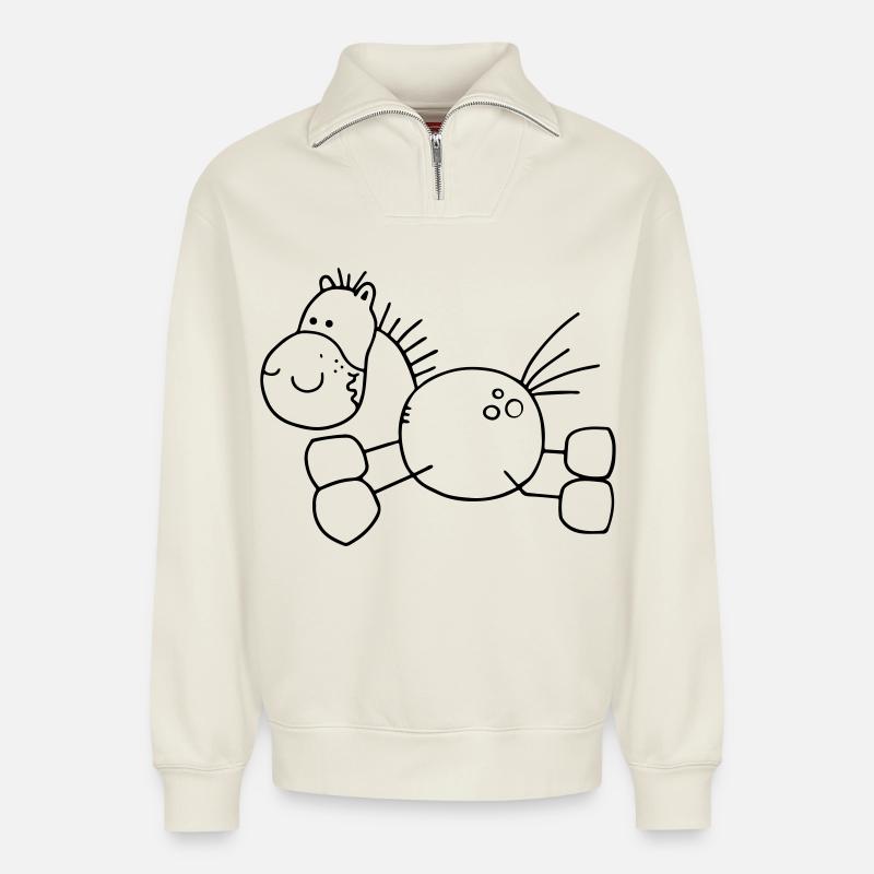 Dickes Cartoon Pferd - Pony - Pferde - Relaxed Unisex Organic Half Zip Sweatshirt – von SPREAD - Naturweiß