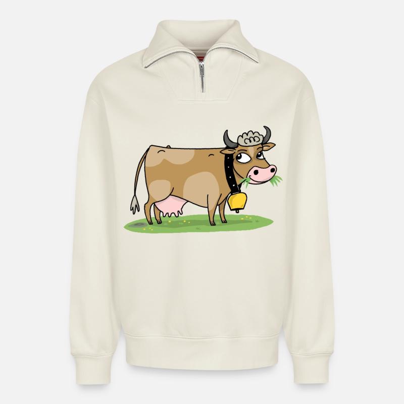 Kuh mit Glocke auf der Wiese - Relaxed Unisex Organic Half Zip Sweatshirt – von SPREAD - Naturweiß
