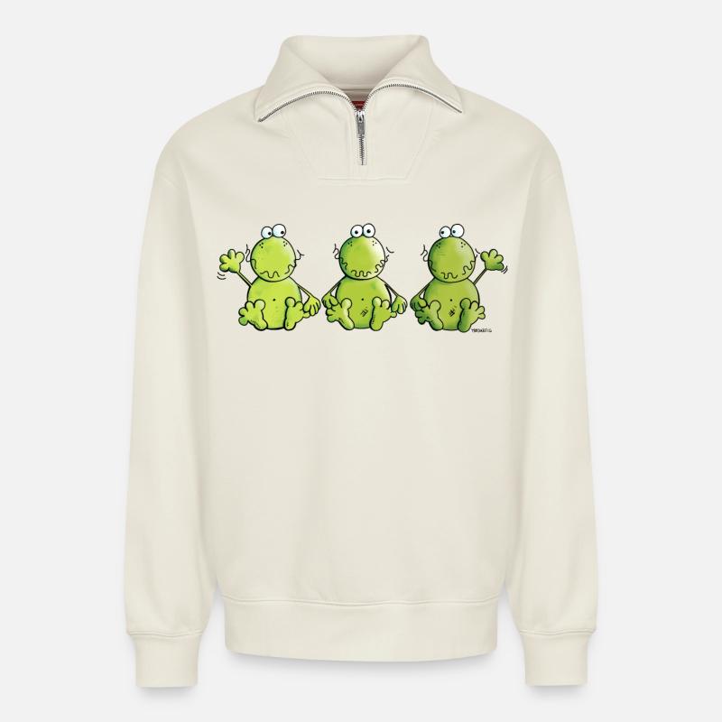 Frosch Trio - Relaxed Unisex Organic Half Zip Sweatshirt – von SPREAD - Naturweiß