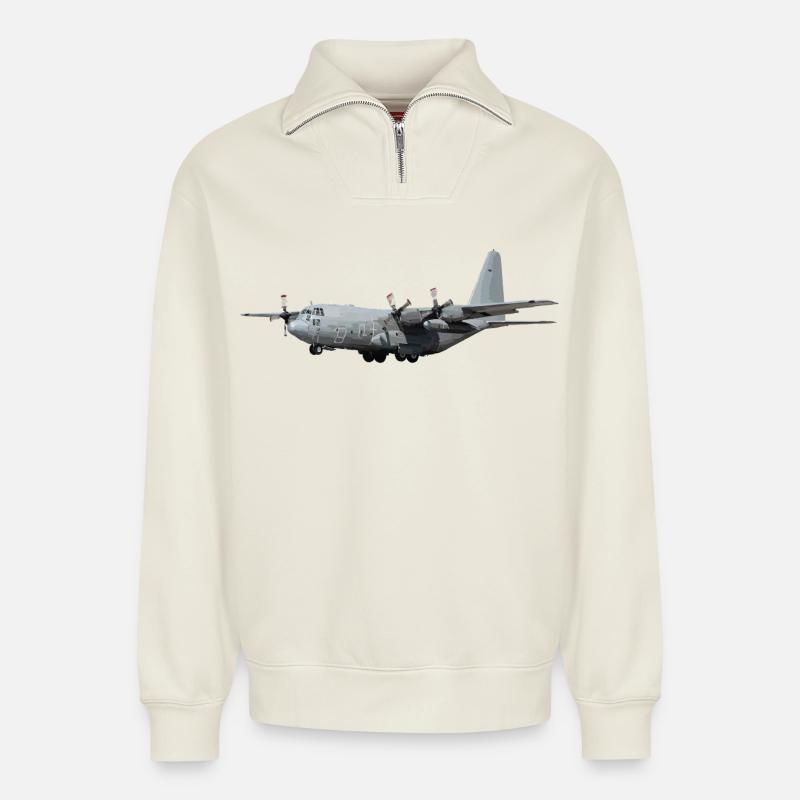Hercules C-130 - Relaxed Unisex Organic Half Zip Sweatshirt – von SPREAD - Naturweiß
