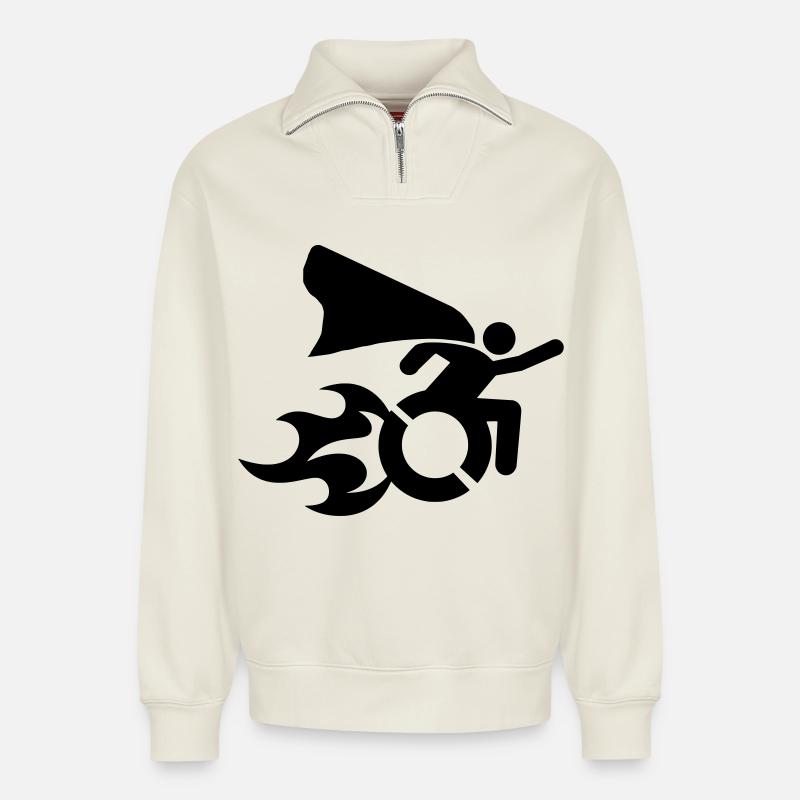 im Rollstuhl mit Flammen # - Relaxed Unisex Organic Half Zip Sweatshirt – von SPREAD - Naturweiß