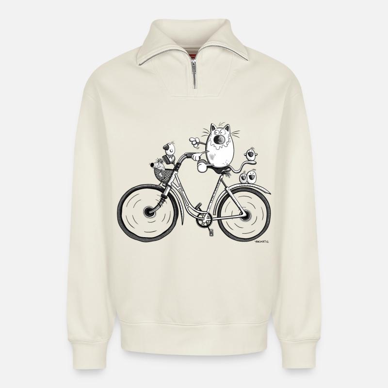 Chat et vélo - Sweat unisexe décontracté en coton biologique à demi-zip – de SPREAD - blanc cassé