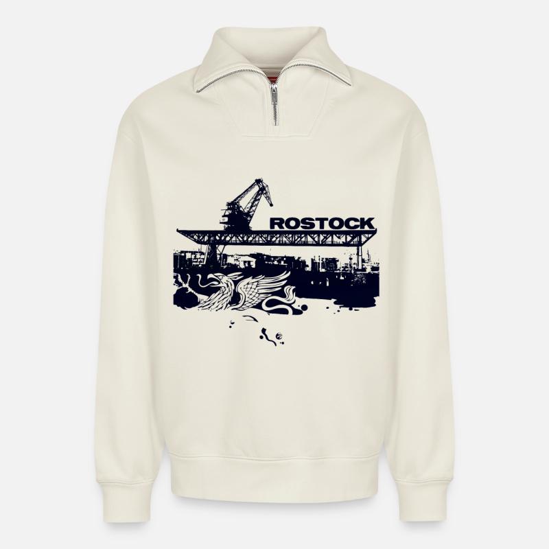 Rostock Stadthafen - Relaxed Unisex Organic Half Zip Sweatshirt – von SPREAD - Naturweiß