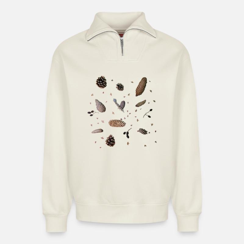 Cones, botany - Relaxed Unisex Organic Half Zip Sweatshirt – by SPREAD - off white