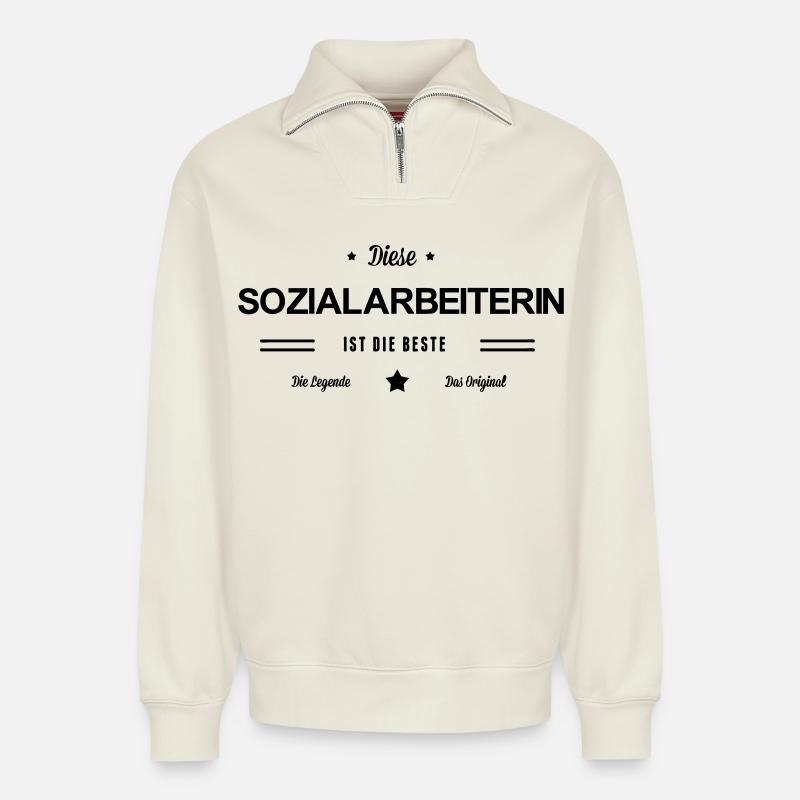 Beste Sozialarbeiterin - Relaxed Unisex Organic Half Zip Sweatshirt – von SPREAD - Naturweiß