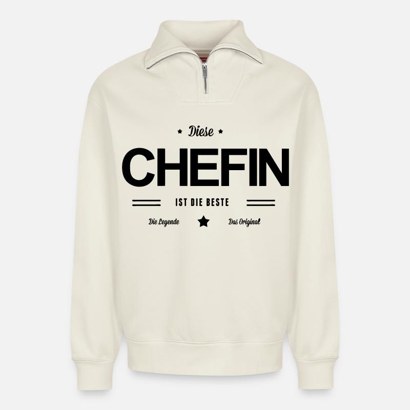 Beste Chefin - Relaxed Unisex Organic Half Zip Sweatshirt – von SPREAD - Naturweiß