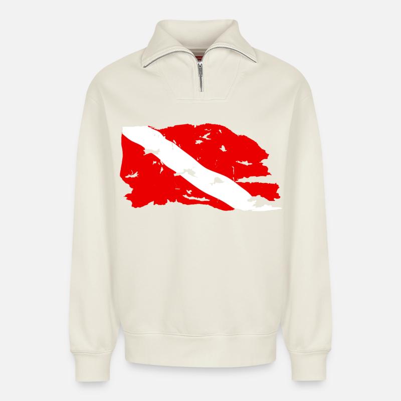 Drapeau Plongée Usé - Sweat unisexe décontracté en coton biologique à demi-zip – de SPREAD - blanc cassé