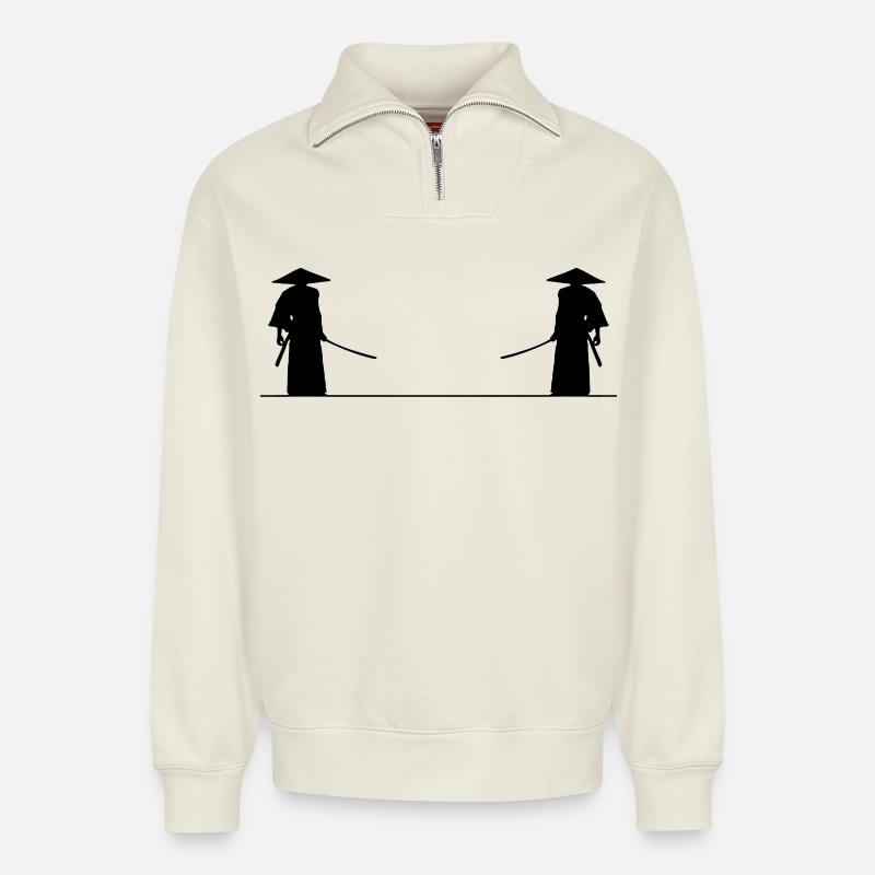 Bataille de samouraï - Sweat unisexe décontracté en coton biologique à demi-zip – de SPREAD - blanc cassé