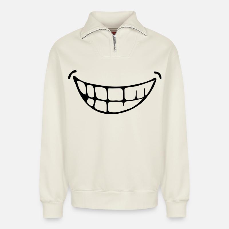 Grinsen - Relaxed Unisex Organic Half Zip Sweatshirt – von SPREAD - Naturweiß