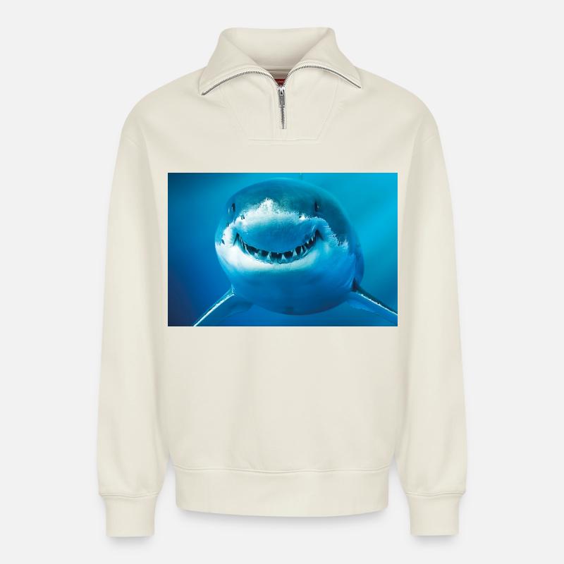 Lächelnder Hai unter Wasser - Relaxed Unisex Organic Half Zip Sweatshirt – von SPREAD - Naturweiß