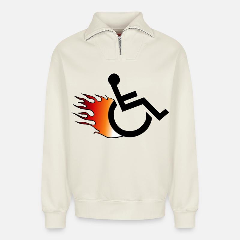 Flammender Rollstuhl. Rollstuhl mit Flammen # - Relaxed Unisex Organic Half Zip Sweatshirt – von SPREAD - Naturweiß