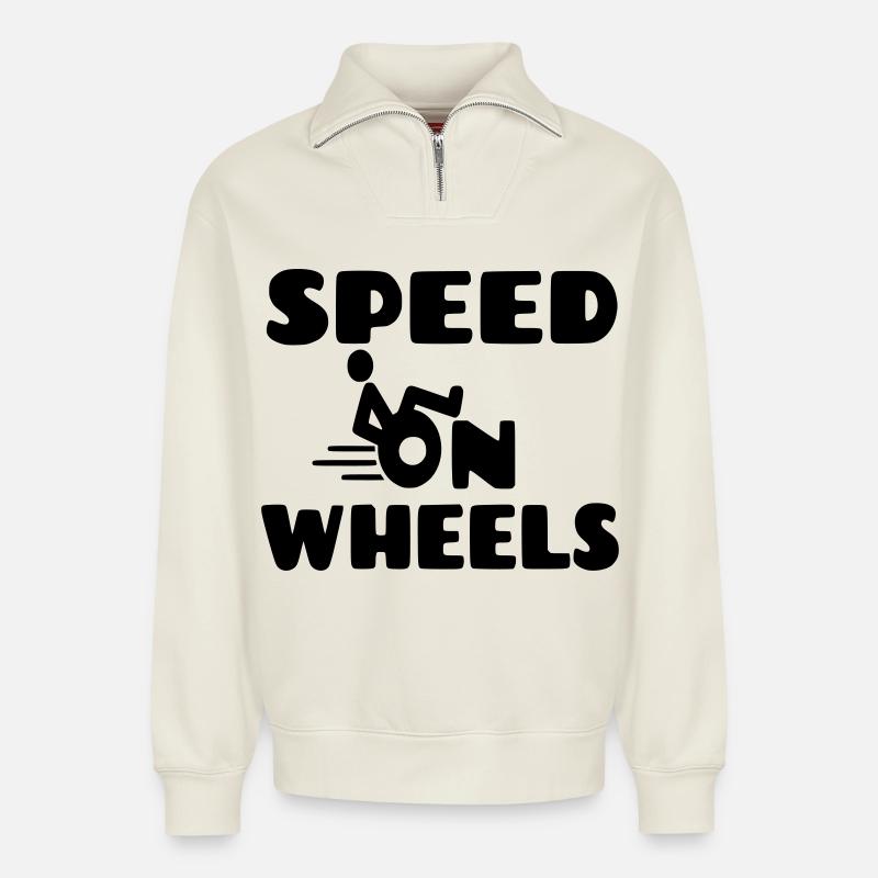 Geschwindigkeit auf Rädern, Rennrollstuhlfahrer * - Relaxed Unisex Organic Half Zip Sweatshirt – von SPREAD - Naturweiß