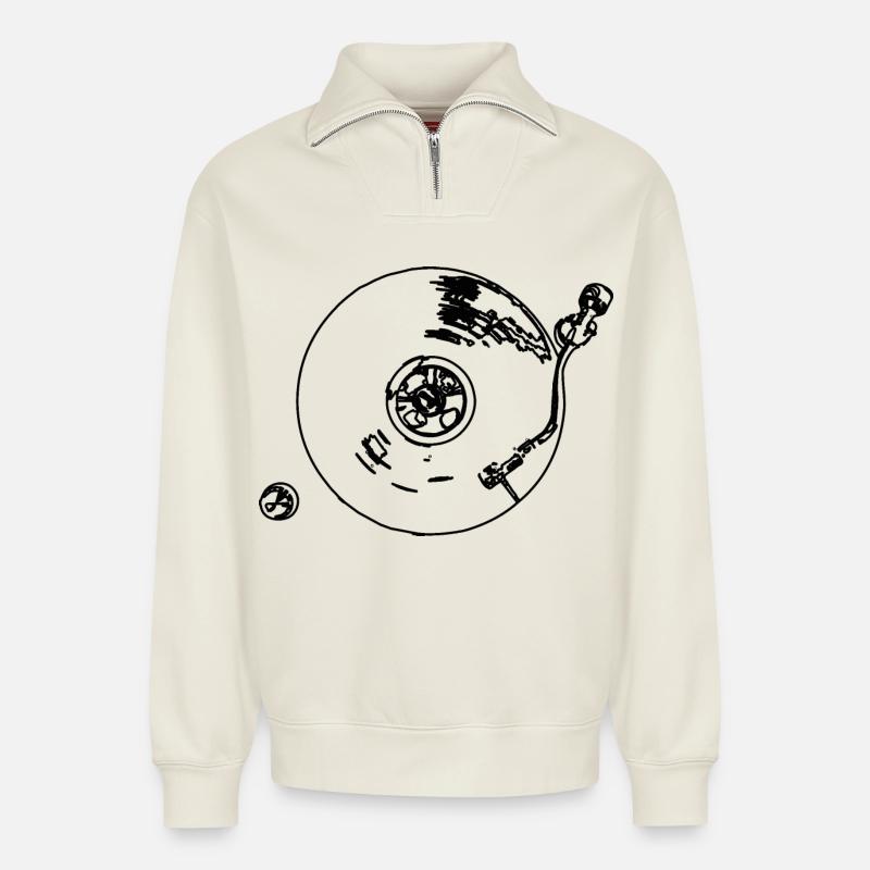 Plattenspieler - Relaxed Unisex Organic Half Zip Sweatshirt – von SPREAD - Naturweiß