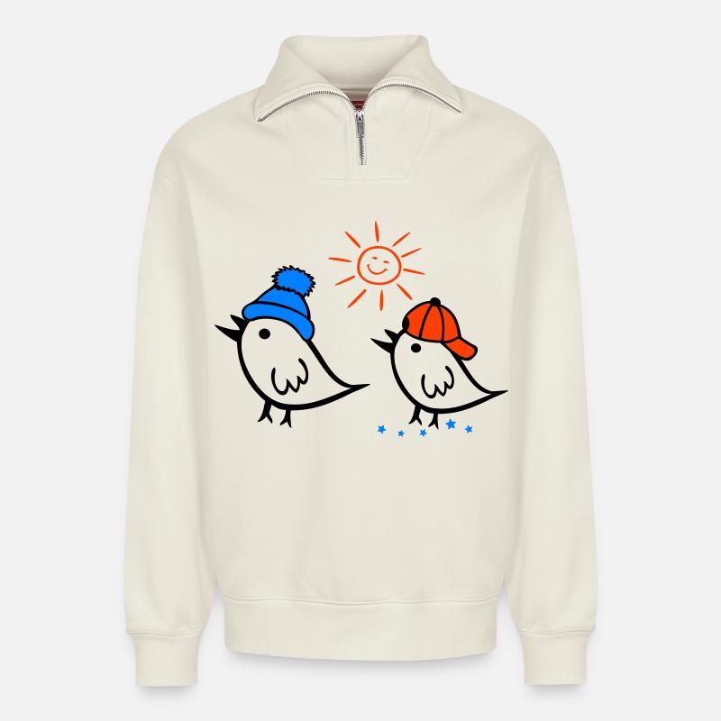 Moineau, Soleil, Printemps - Sweat unisexe décontracté en coton biologique à demi-zip – de SPREAD - blanc cassé