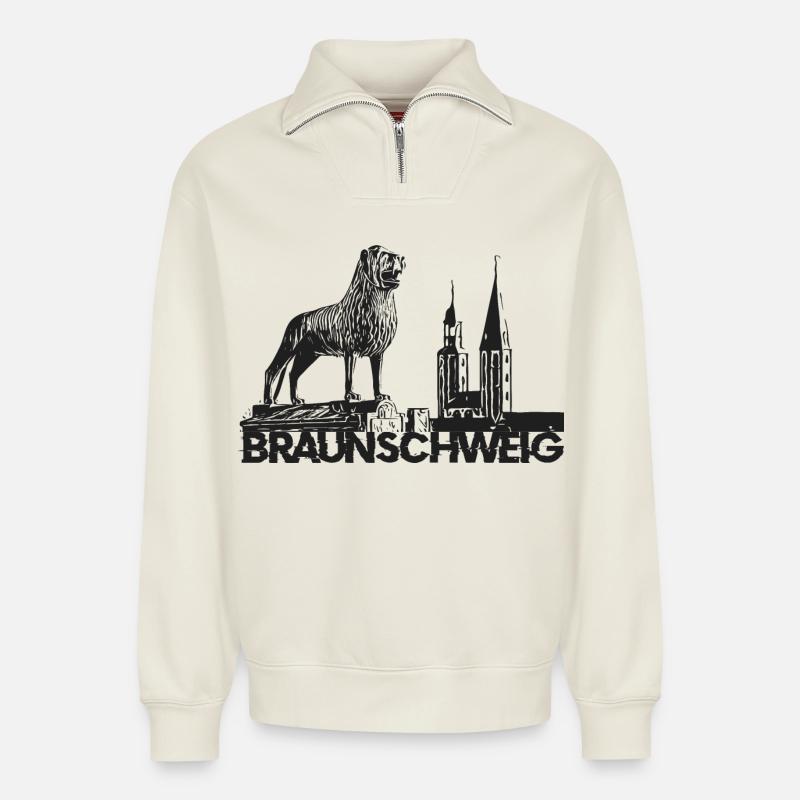 Braunschweig Löwe - Relaxed Unisex Organic Half Zip Sweatshirt – von SPREAD - Naturweiß