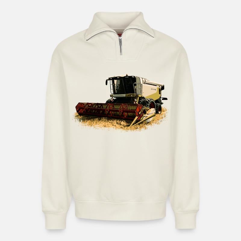 Claas Moissonneuse-batteuse Lexion 550 - Sweat unisexe décontracté en coton biologique à demi-zip – de SPREAD - blanc cassé